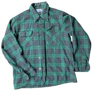 Vtg Pendleton Flannel Shirt Long Sleeve Plaid Green Blue Wool Mens Med See Notes
